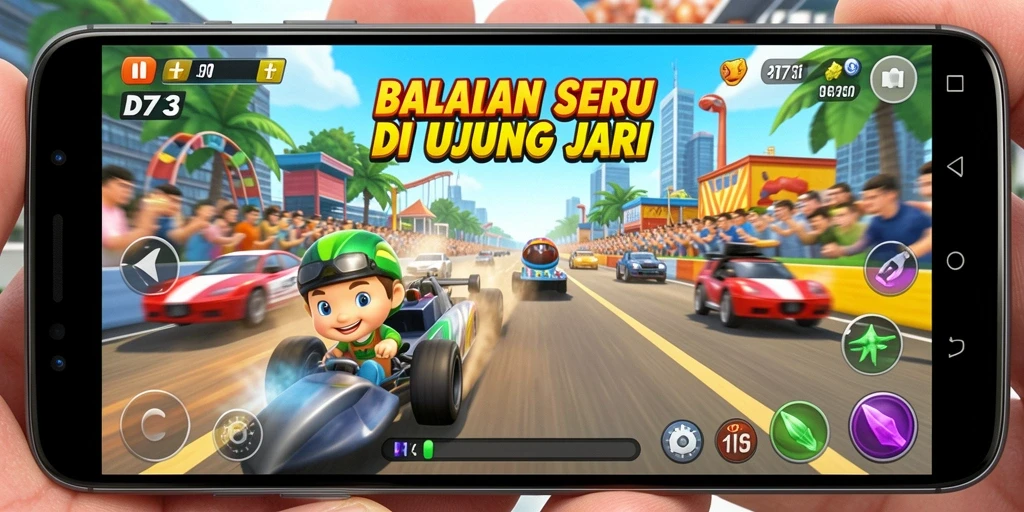 Screenshot gameplay D73 menampilkan mobil balap di trek menantang.