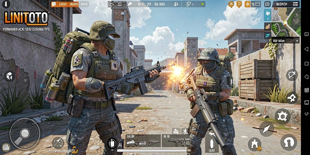Tangkapan layar LINITOTO menampilkan aksi intens dalam gameplay TPS.