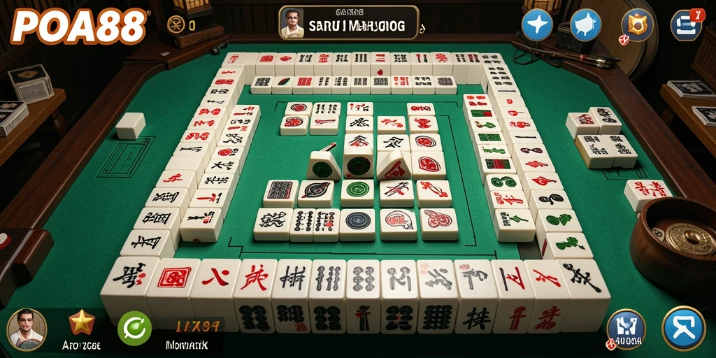 Tampilan gameplay menarik dari POA88 dengan ubin Mahjong yang berwarna-warni.
