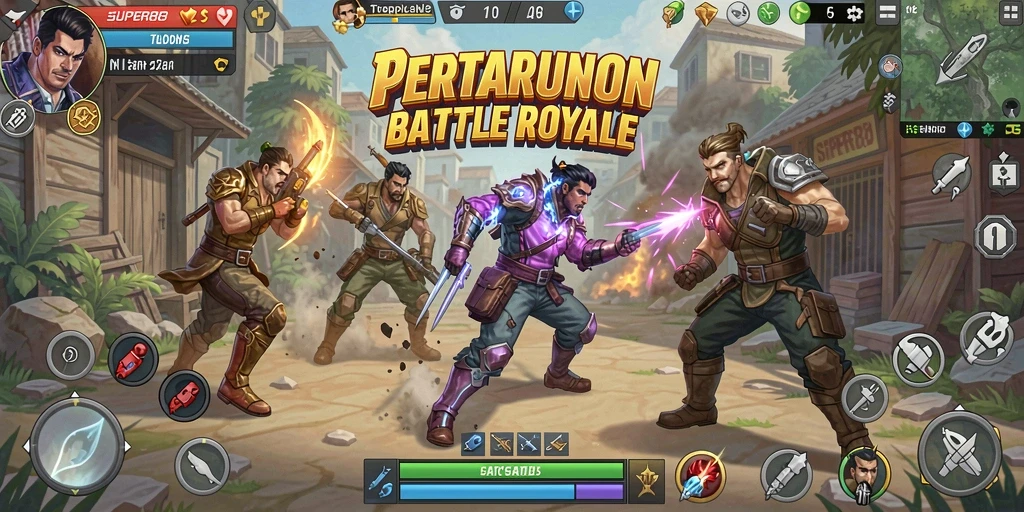 Tampilan penggambaran aksi mendebarkan dalam gameplay Battle Royale.