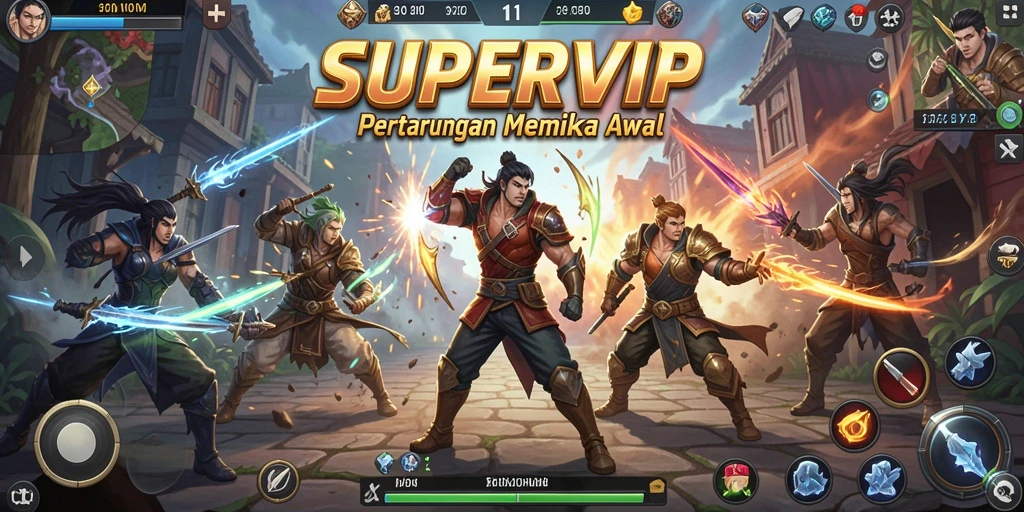 Screenshot utama SUPERVIP menampilkan aksi pertarungan yang penuh adrenalin.
