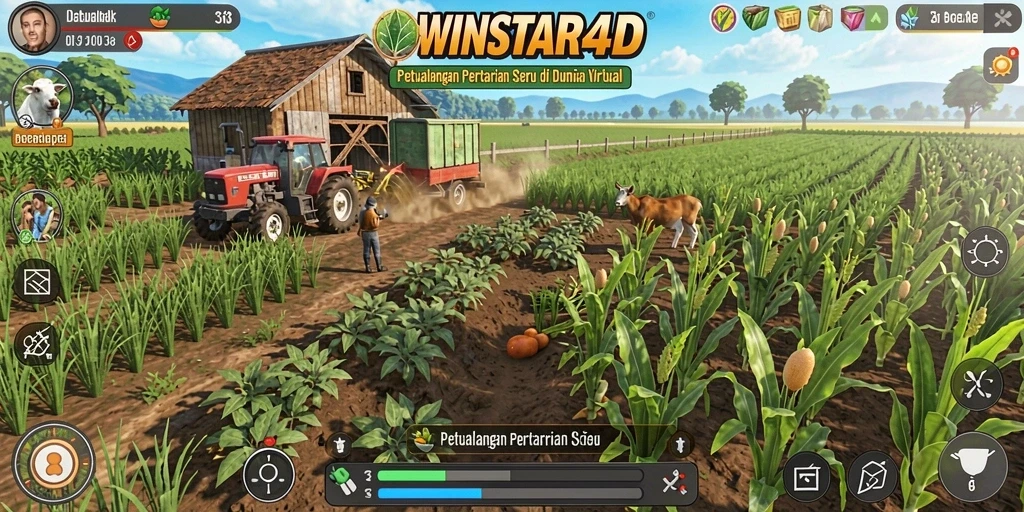 Tangkapan layar WINSTAR4D menunjukkan aktivitas bertani yang seru dan interaktif.